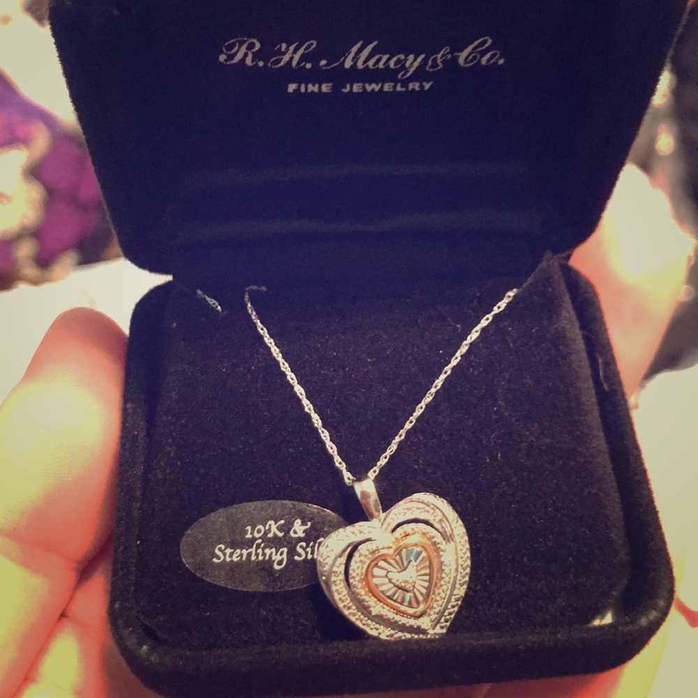 Sterling silver heart necklace, diamond, 10k gold